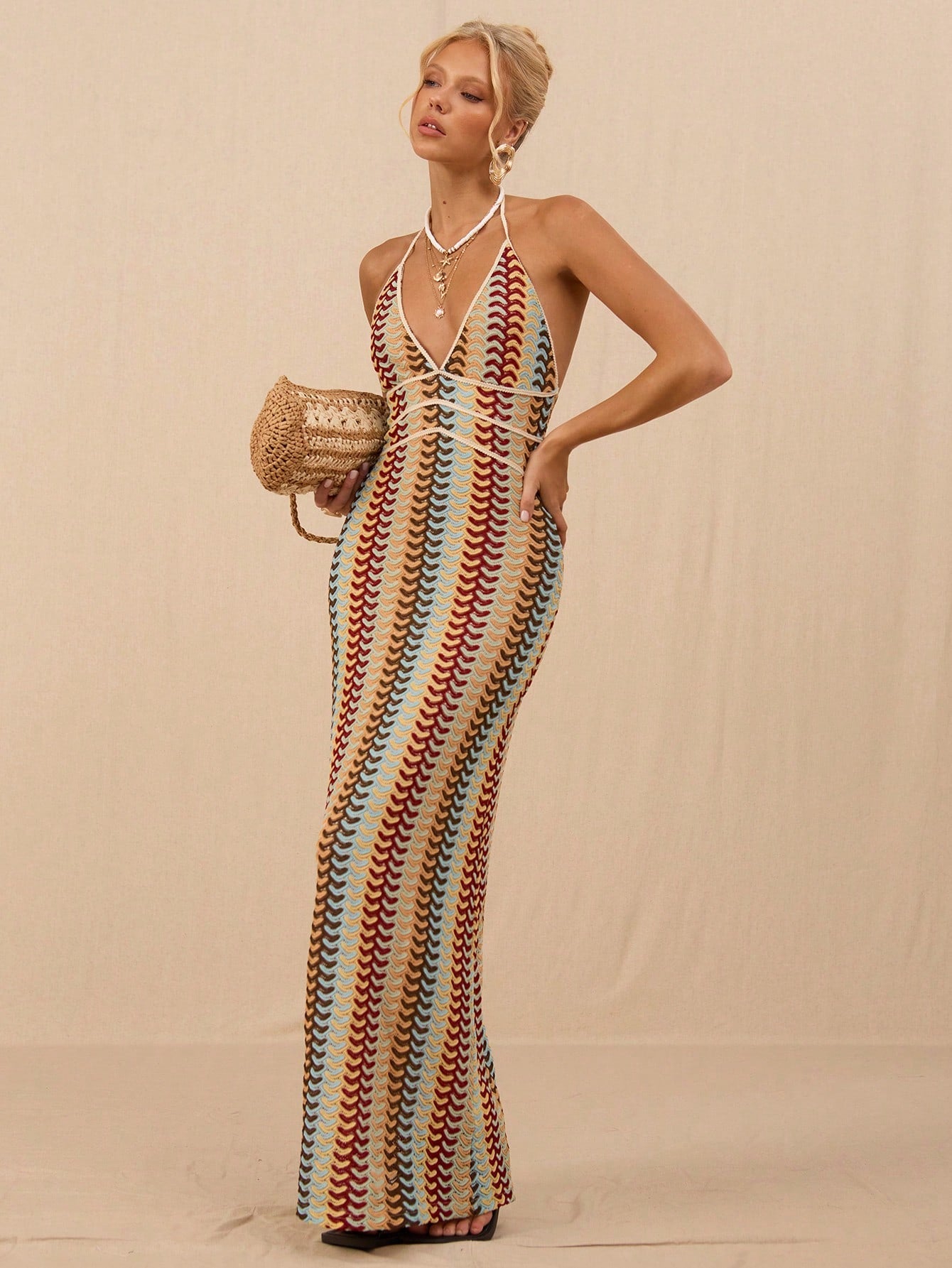 Stylish V-Neck Halter Tie-Dye Crochet Beach Dress for Women
