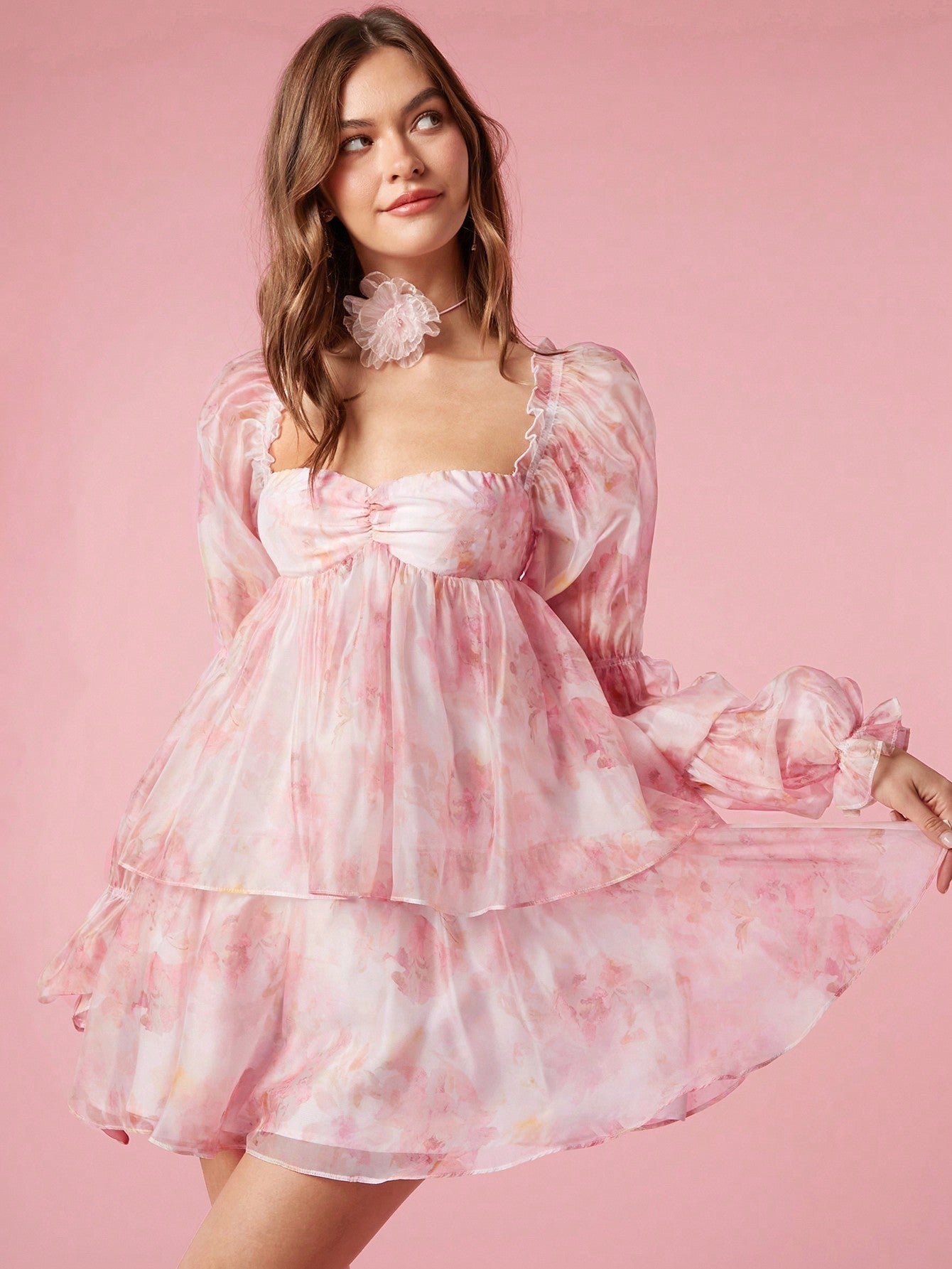 open lace back dress Summer Princess Midi Dress: Cute Pink Floral Ruched Bust with Romantic –  Canary Houze