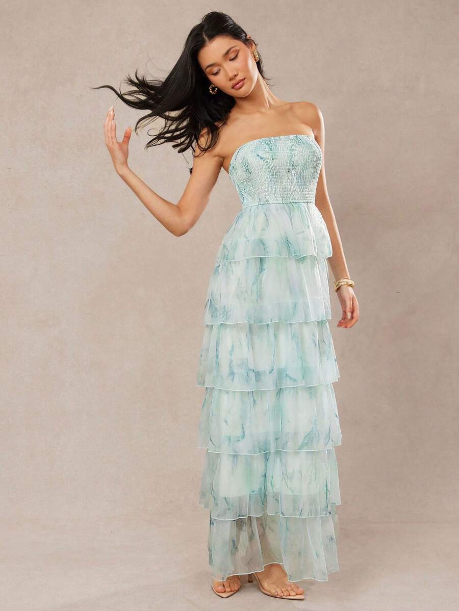 tiered maxi dress wedding guest Printed with Shirring atf-sm-8.1.25 Color:Mocha Easy Care Black Gold Baroque Long