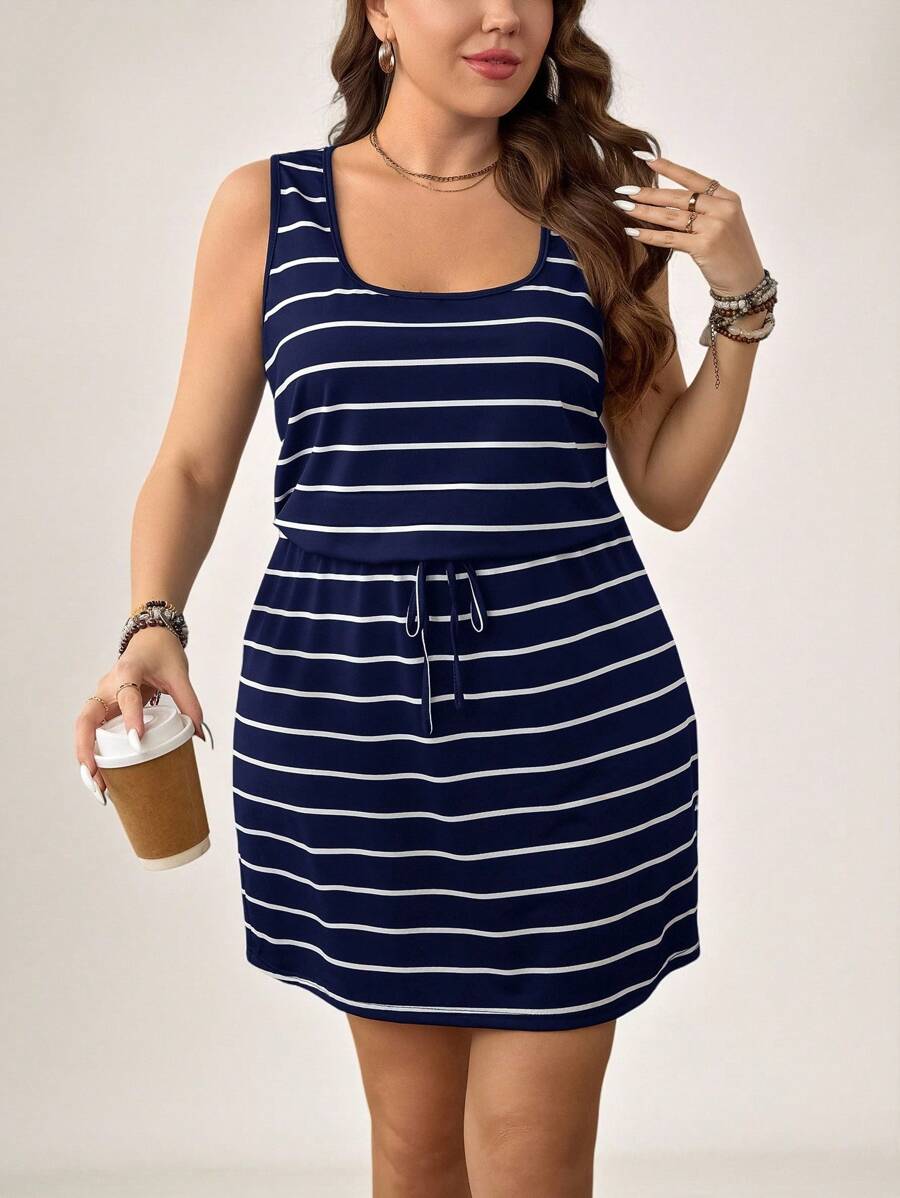 SHEIN Plus Size Women's Valentine Spring And Summer Black And White Striped Round Neck Sleeveless Waist Tie Casual Fashion Women's Dress,4XL