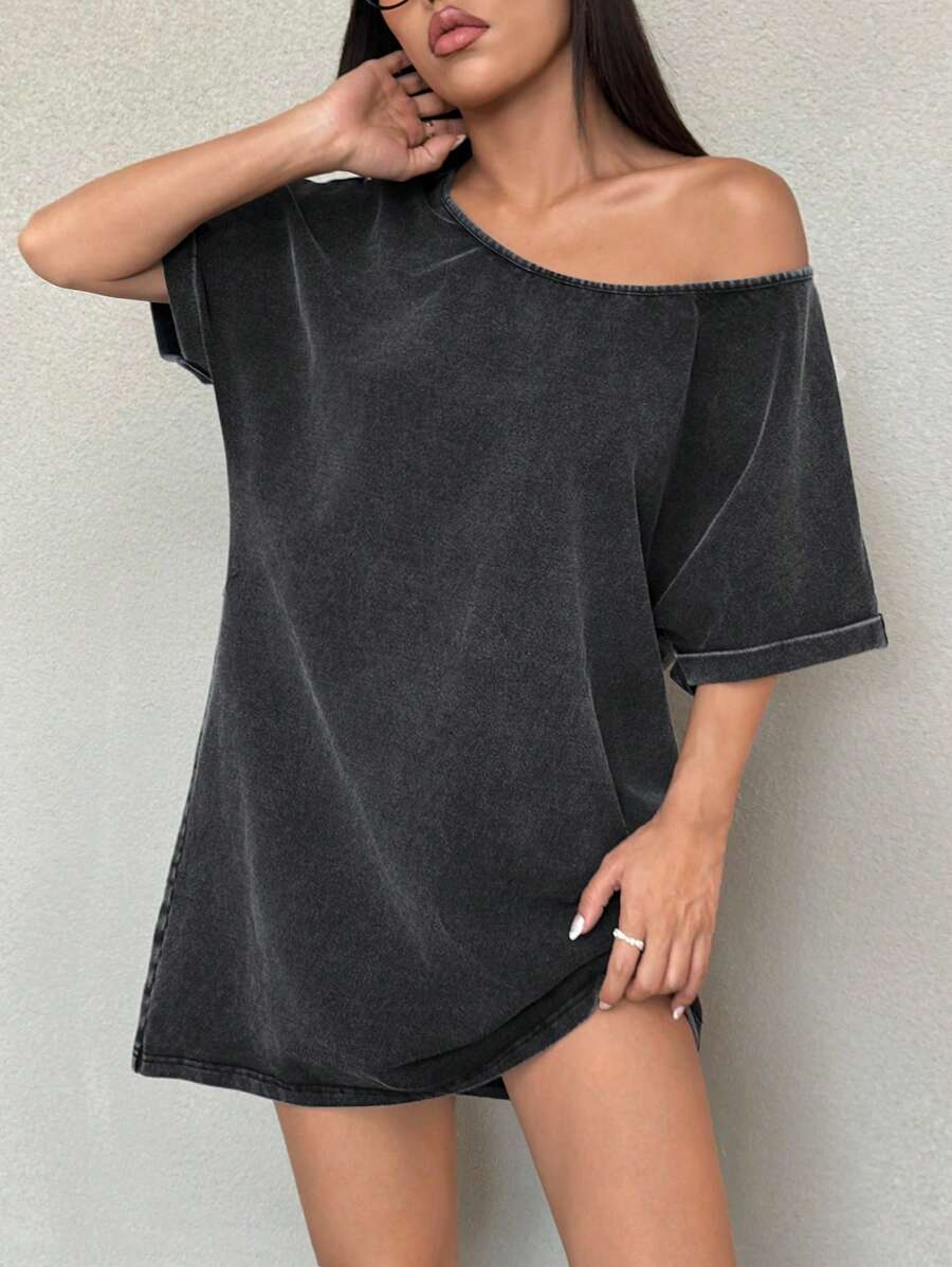 Trendy Vintage Distressed Asymmetrical Neck T-Shirt Dress for Summer M –  Canary Houze