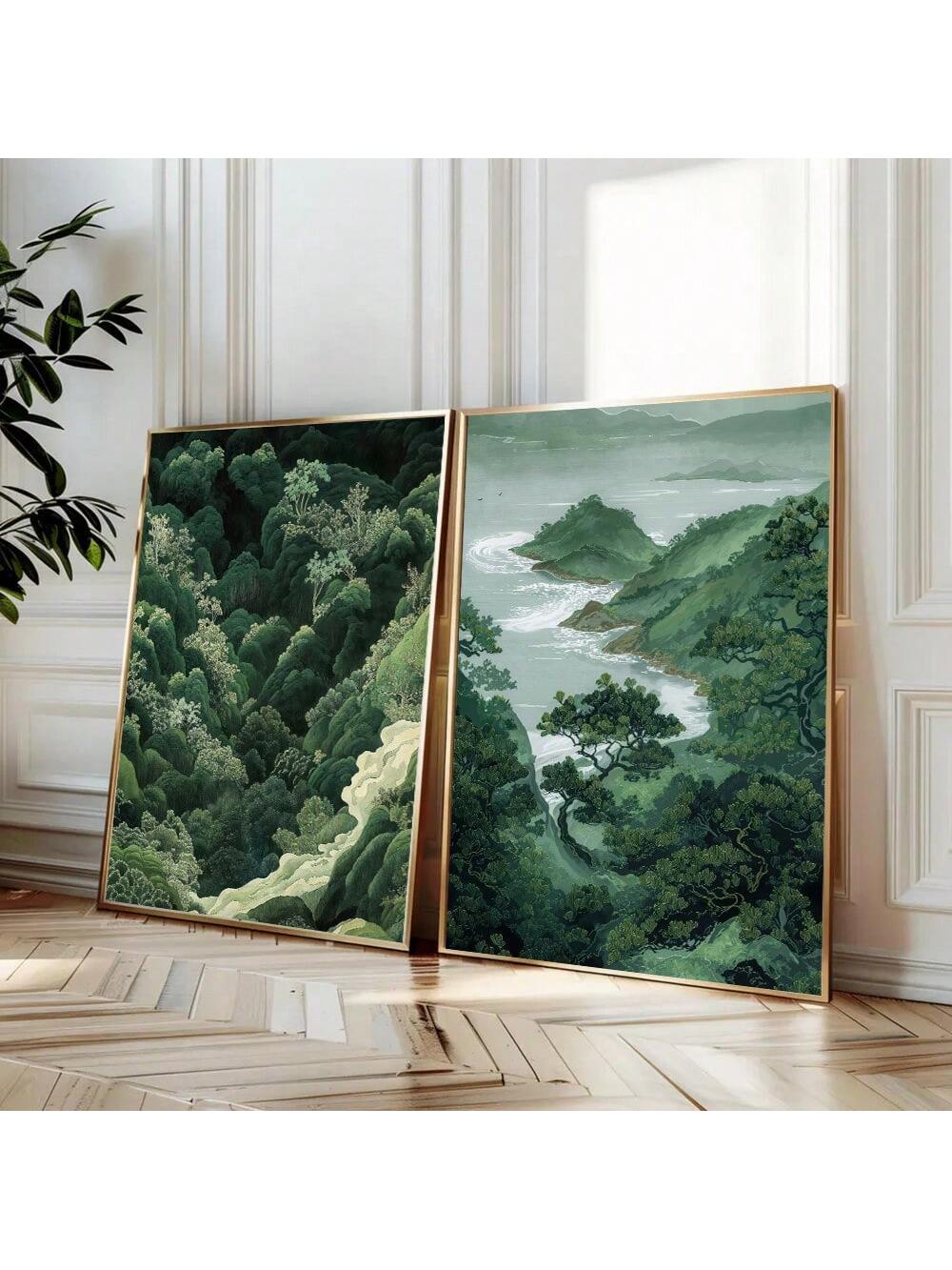 Unframed Zen Green Forest Mountain Art: Minimalist Japanese Wall