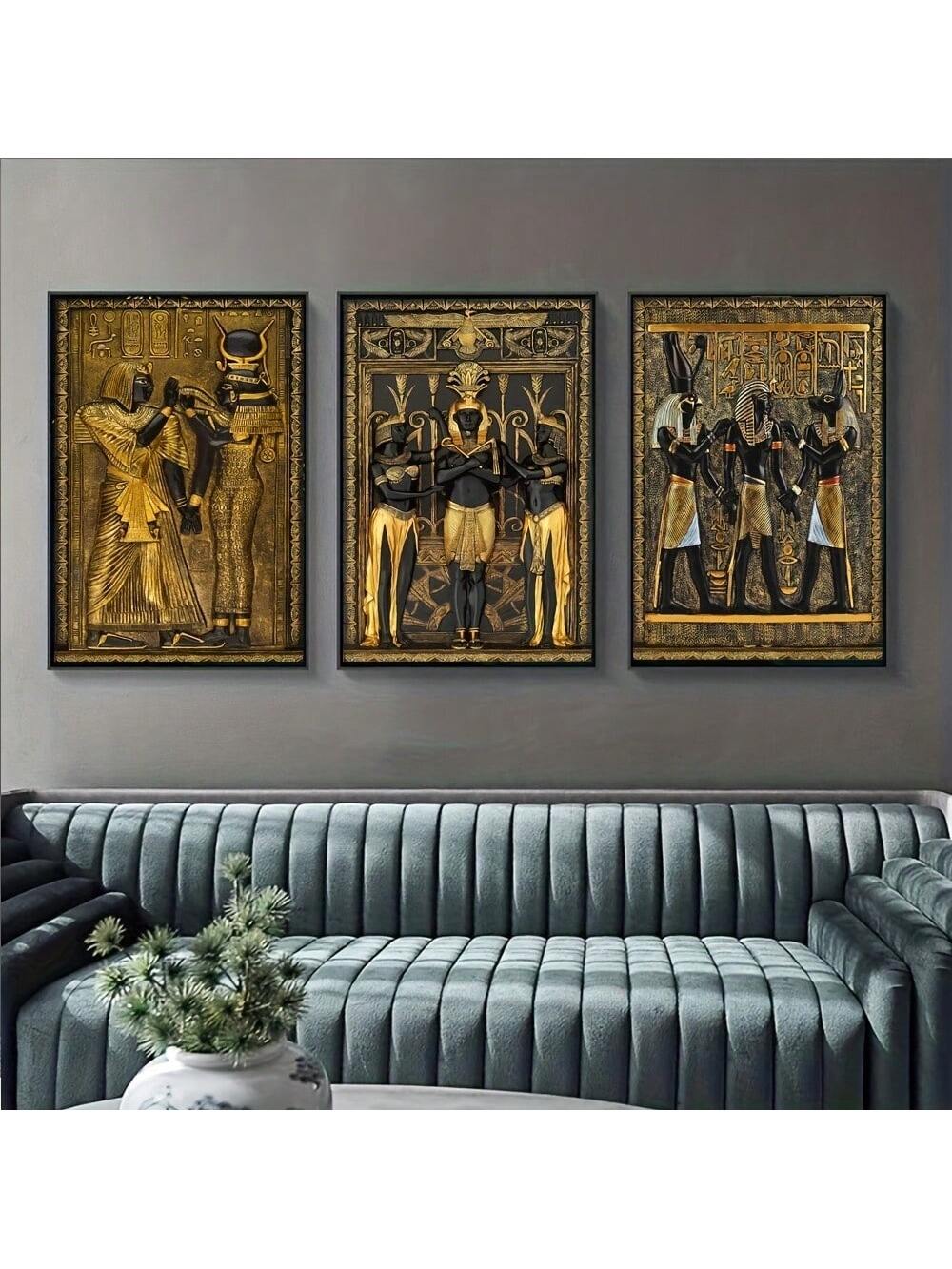 Vintage Egyptian Wall Art Set - Black and Gold Canvas Prints for Home ...