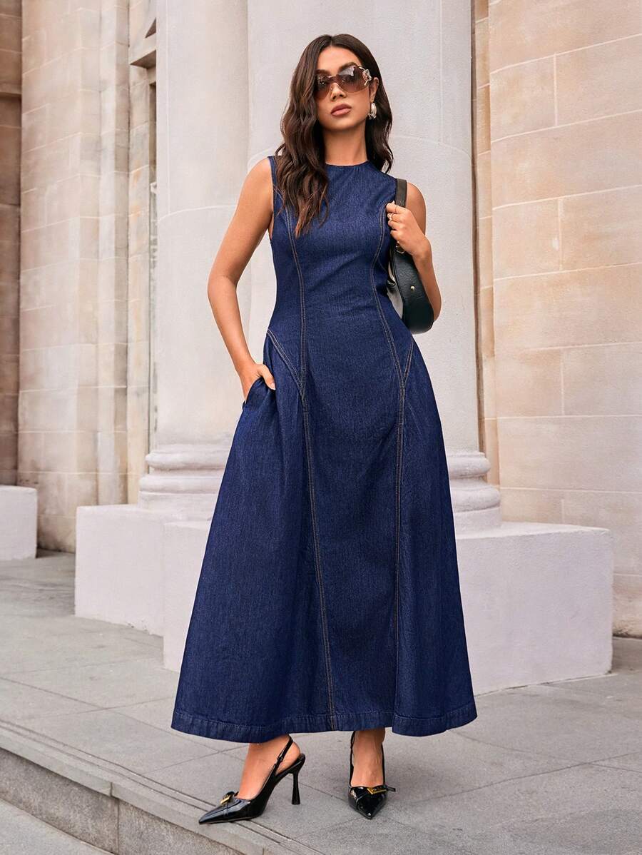 Vintage Elegance: Sleeveless A-Line Long Denim Dress for Minimalist Sp –  Canary Houze