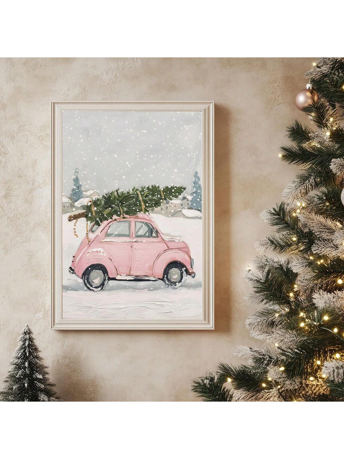 Vintage Pink Christmas Car Wall Art - Festive Waterproof 