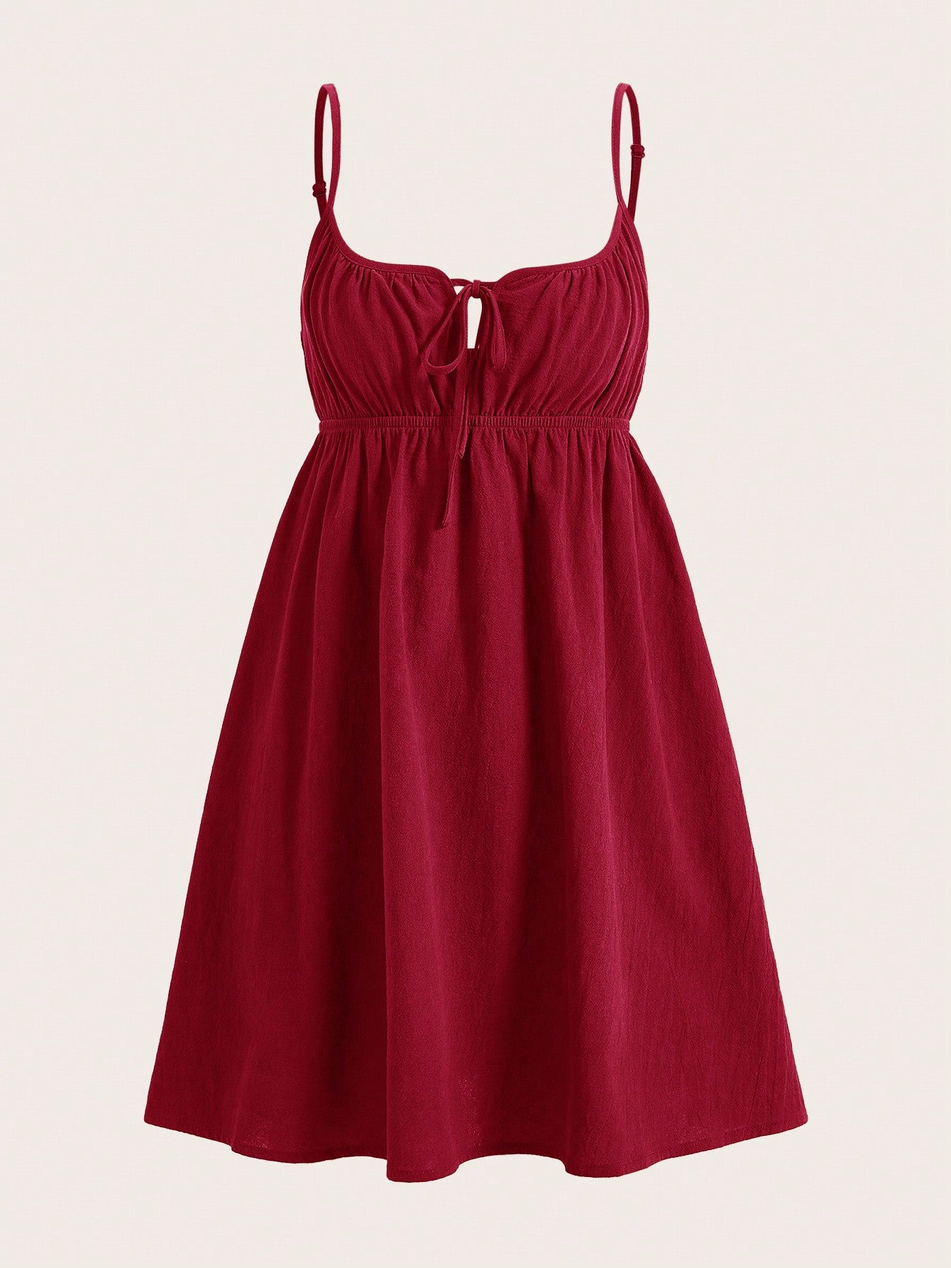 Wine Red Woven Front Tie Casual Slip Dress for Women