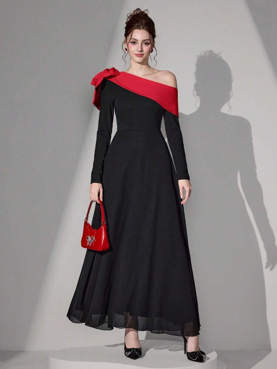 Women Chiffon Black & Red Elegant Evening Party Prom Asymmetric Neck Long  Sleeve Gown