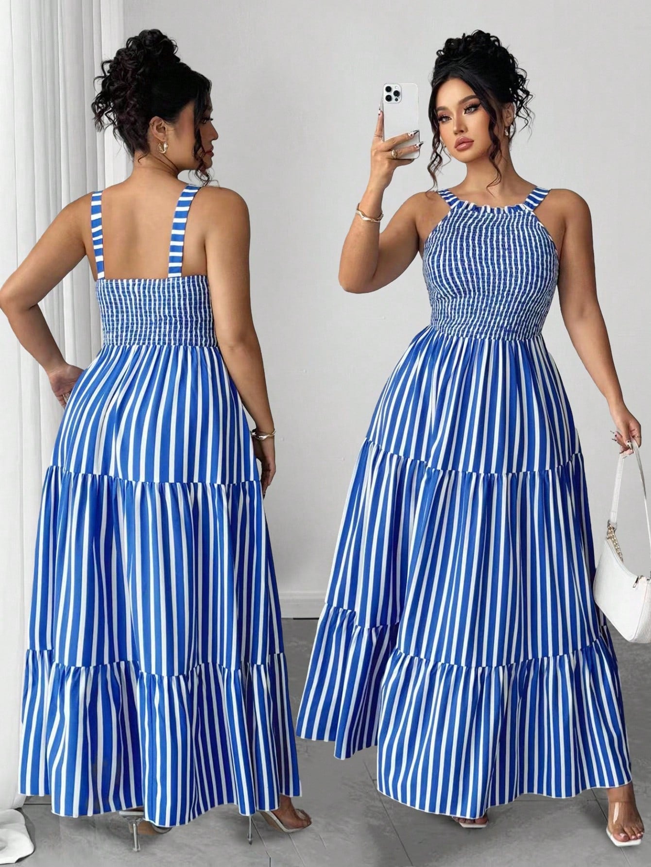 Women's Blue and White Vertical Striped Waist-Cinched Dress for a Chic