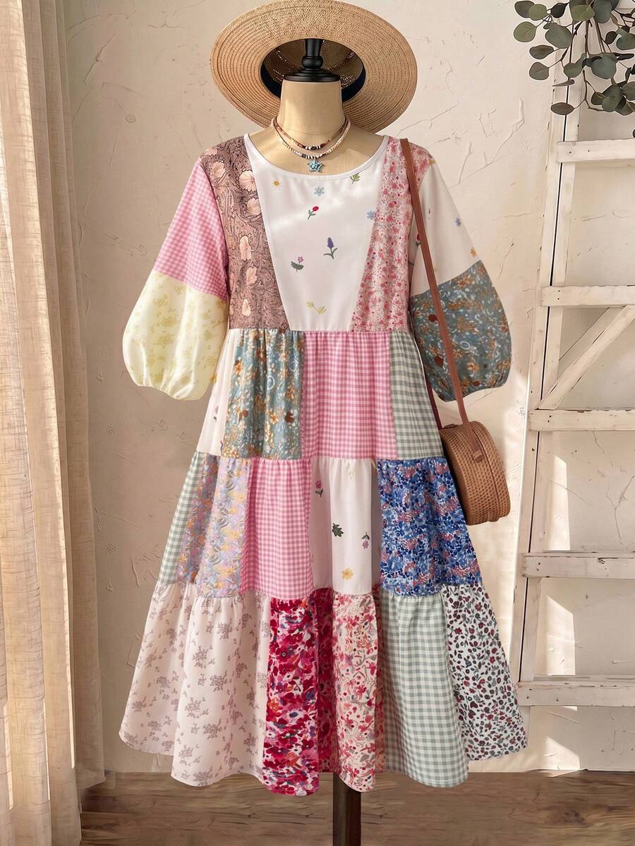 Plus Size Patchwork Boho Smock Dress with Puff Sleeves – Canary Houze