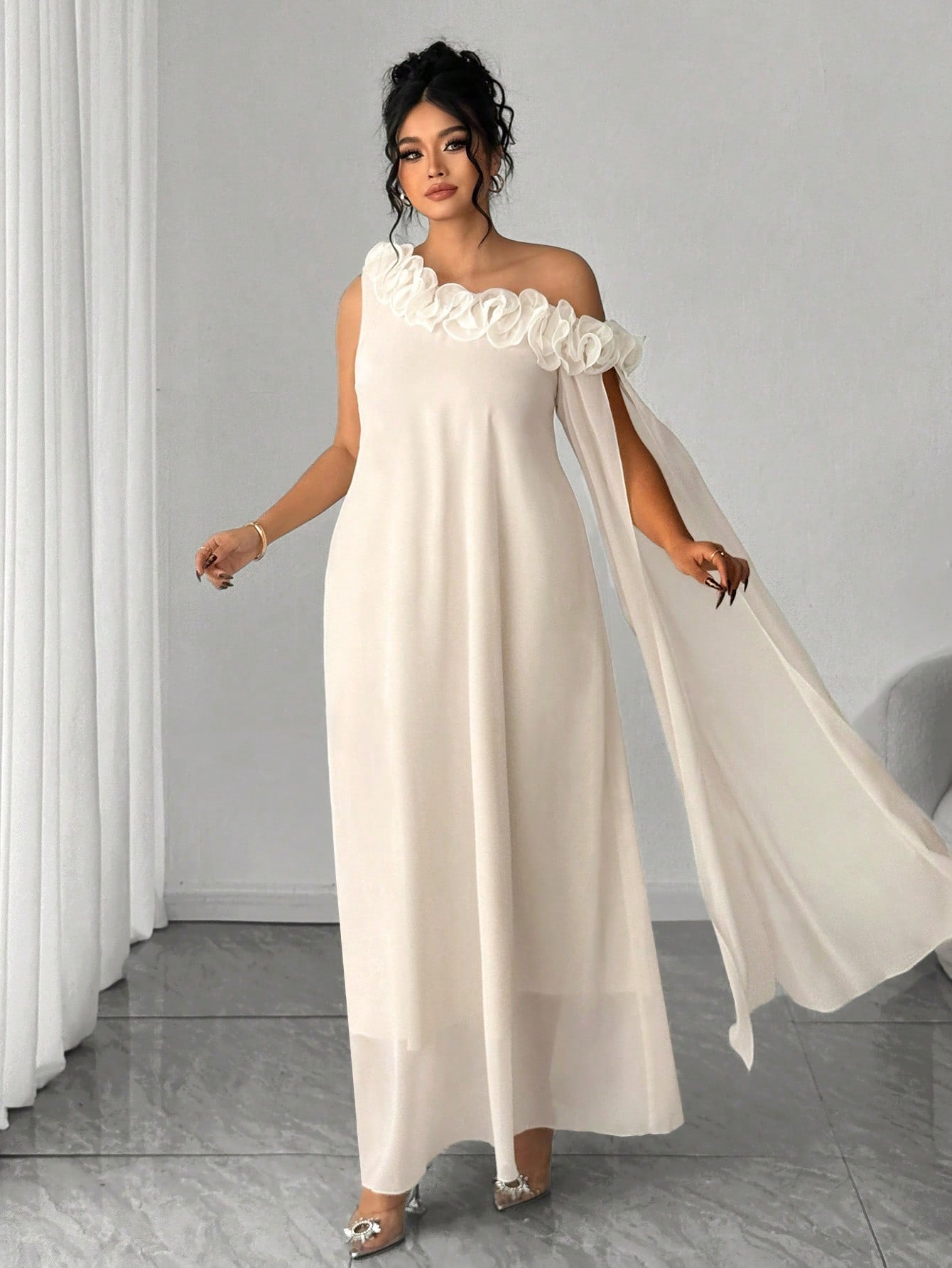 one arm midi dress Women's Elegant One-Sleeve Midi Dress with Ruffle Design