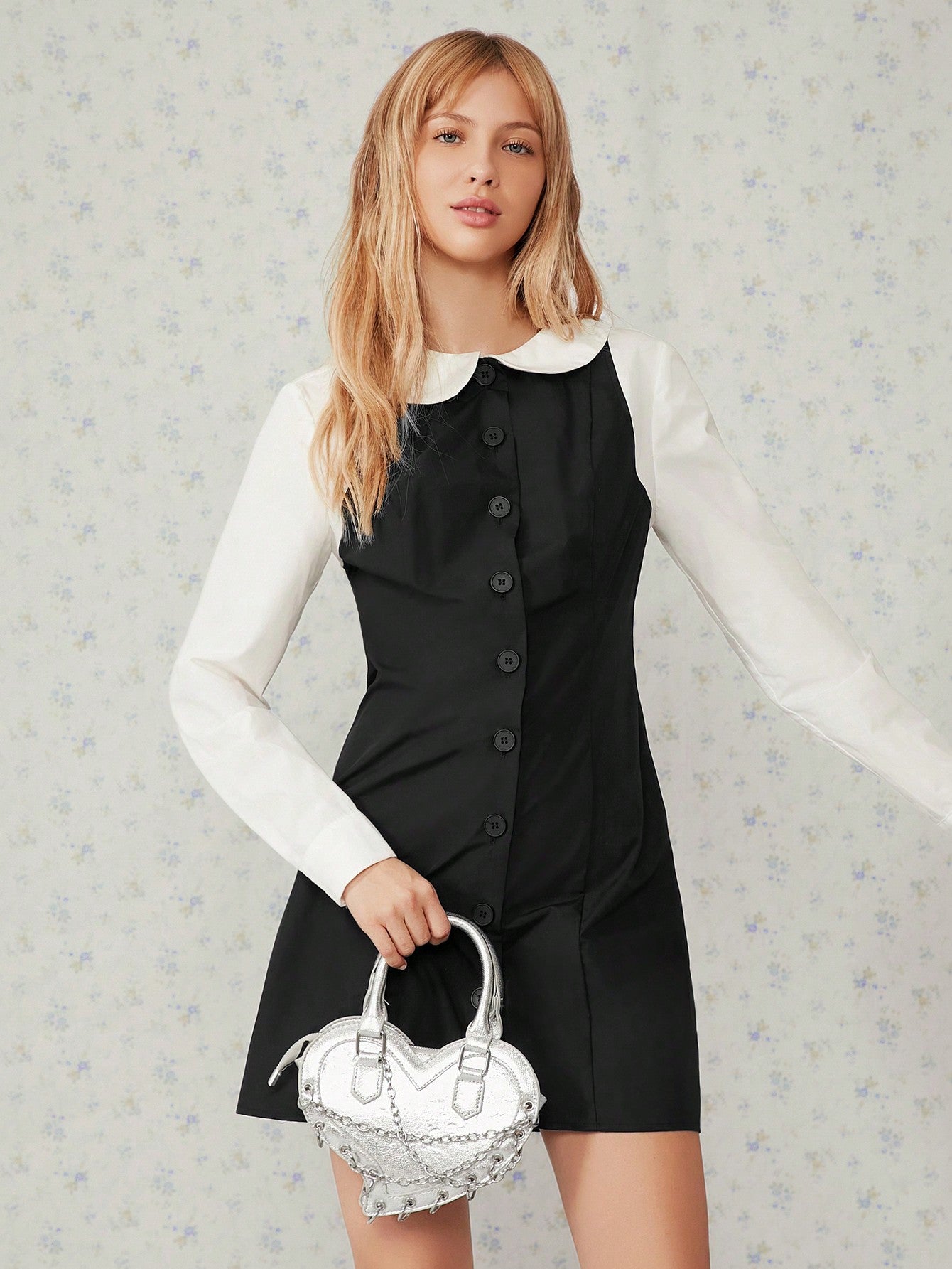Women's Fitted Short Dress with Peter Pan Collar and Long Sleeves - St Canary Houze Women's Fitted Short Dress with Peter Pan Collar and Long Sleeves - St Canary Houze