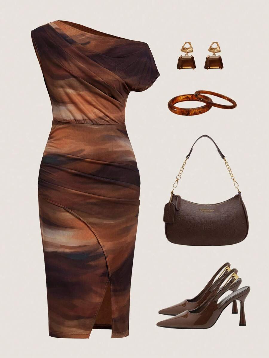 Women's Floral Print Ruched Bodycon Midi Dress with Elegant Side Slit –  Canary Houze