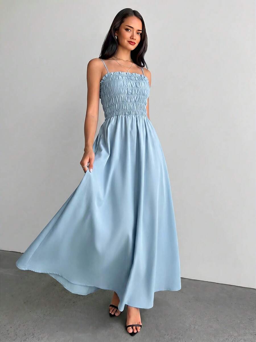 beach brunch dress Smocked Spaghetti Strap Maxi Sundress for Women – CANARY HOUZE Waist 49 COLOR:Military Party outfit tiered skirts Kiss Sequin Tee Dress