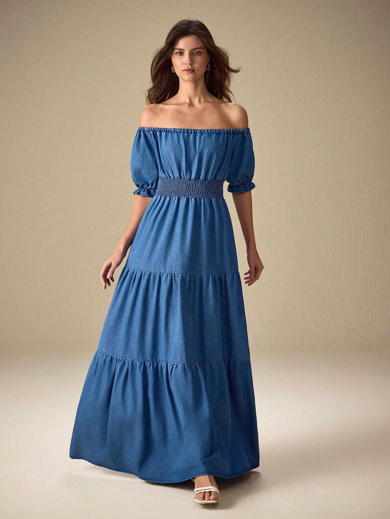 off the shoulder denim dress Women's Off-Shoulder Denim Dress with Short Puff Sleeves and Waist Gat –  Canary Houze
