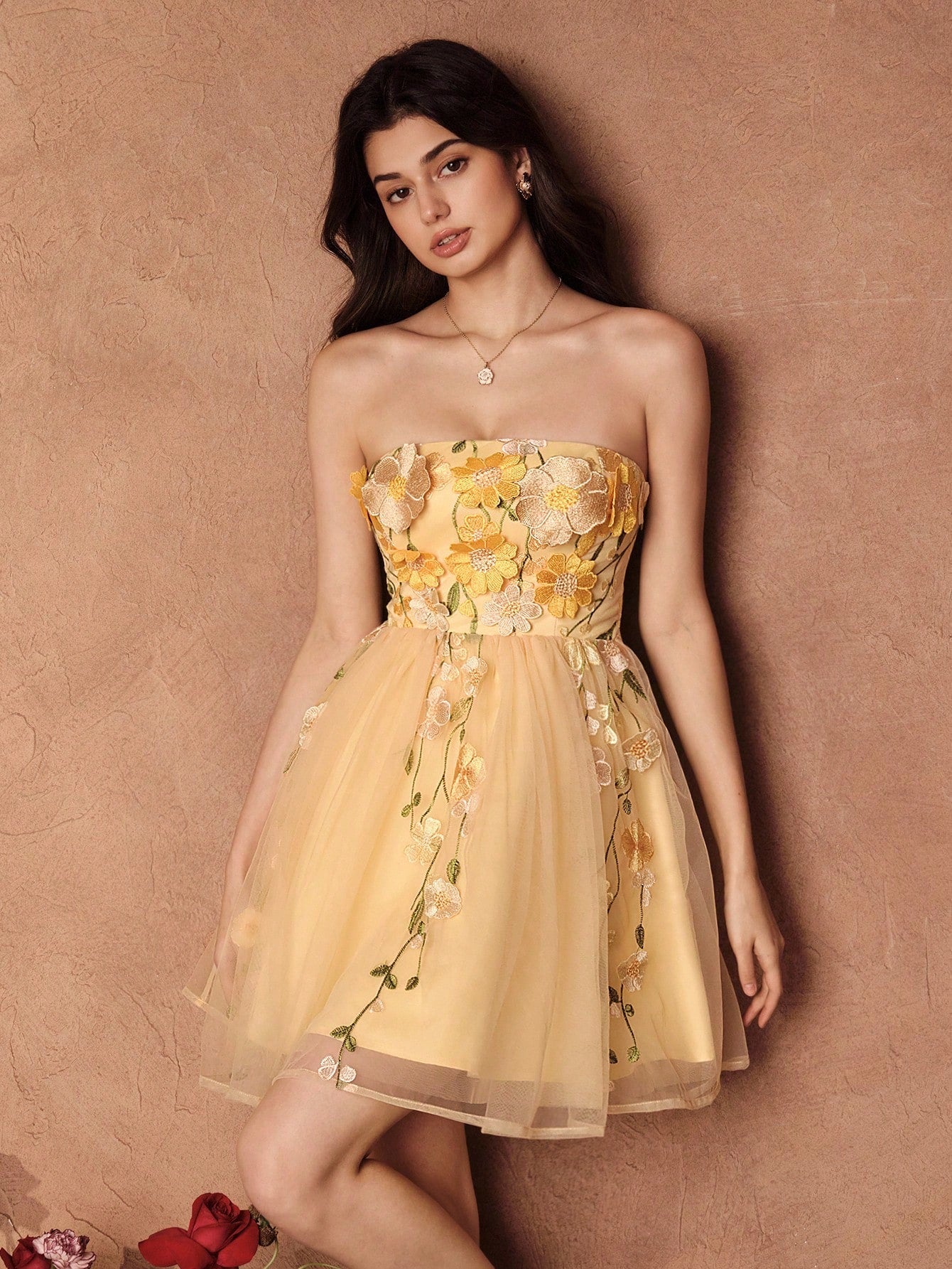 Women's Romantic Yellow Mini Dress with Embroidered Floral Design and – CANARY HOUZE