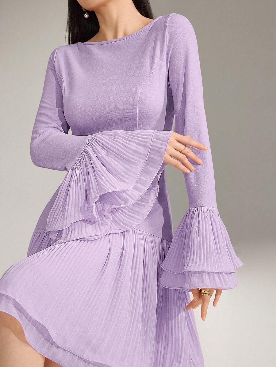 Women's Solid Color Casual Dress - Long Sleeve Round Neck with Pleated   Canary Houze