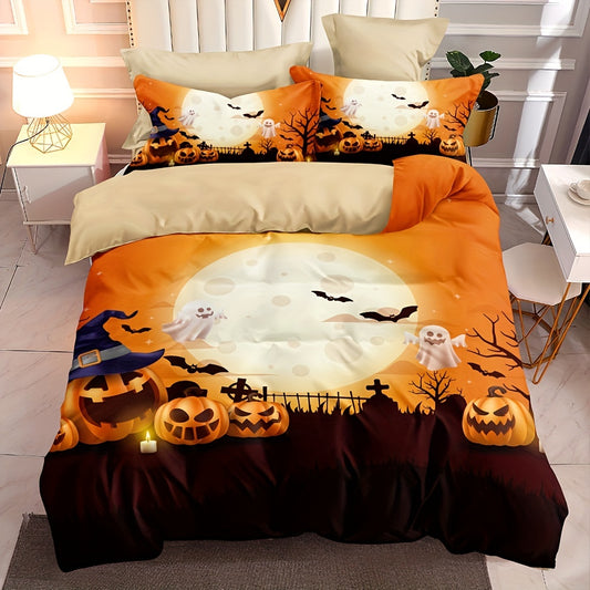 Our Spooky Halloween-Themed Duvet Cover Set is perfect for any bedroom! The set comes with a duvet cover and two pillowcases in a stylish pumpkin, ghost, moon and bat print. The duvet covers are made of high-quality material for a cozy and stylish sleep experience.