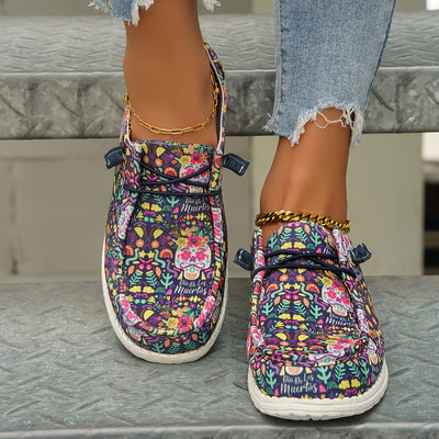 Women's Floral and Skull Print Canvas Shoes: Stylish Lace-Up Sneakers for Casual, Lightweight Outdoor Wear