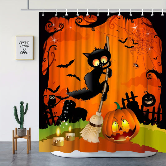 Halloween Cartoon Black Cat Shower Curtain: Spooky Holiday Theme for Kids' Bathroom Decor