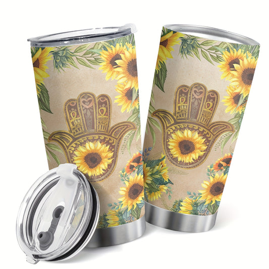 This 20oz stainless steel insulated tumbler features a stylish sunflower design, perfect for keeping drinks warm or cold for extended periods. The leak-proof lid ensures spills won't happen, making this an ideal gift for moms, women, or anyone who loves a stylish design.