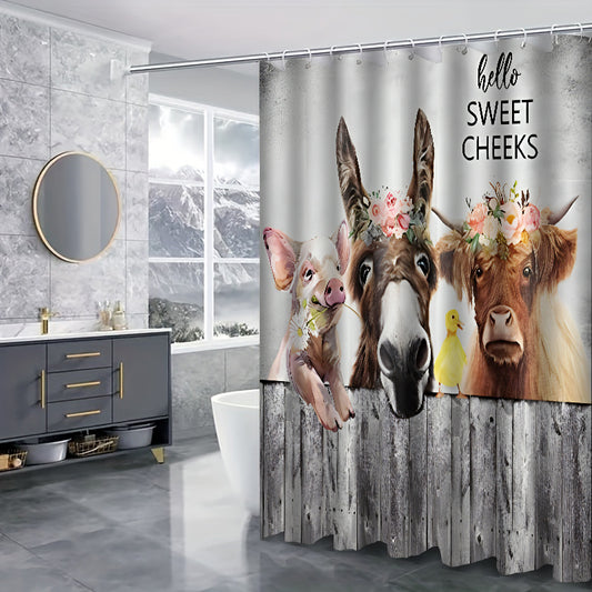 Farmhouse Charm: Waterproof Shower Curtain Set with Animal Pattern - Complete Bathroom Décor Package