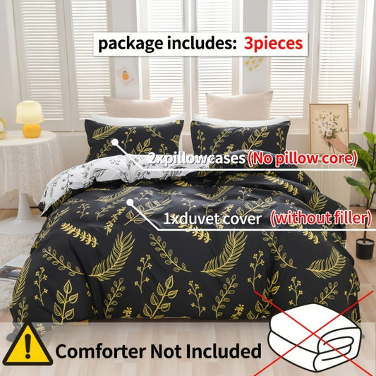 Golden Floral Print Duvet Cover Set: Stylish and Comfortable Bedding for All Seasons - Includes 1 Duvet Cover and 2 Pillowcases (No Core)