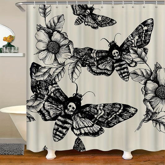 Stay on trend and make a bold statement with this unique shower curtain. Featuring a haunting skull surrounded by a death moth and flowers, this curtain adds a stylishly dark touch to your bathroom decor. With its fade-resistant fabric, this curtain will remain vibrant for years to come. Transform your bathroom with this elegant and daring design.