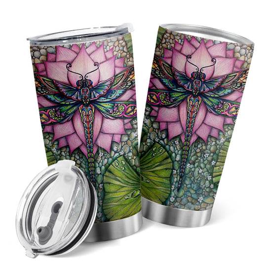 Enjoy your morning coffee on-the-go with this luxurious 20oz Exquisite Lotus Flower and Dragonfly Tumbler. Its double-wall insulation will prevent your drink from getting cold and keep it hot for hours. Featuring a stylish design, this travel mug is perfect for any woman to stay hydrated in style.