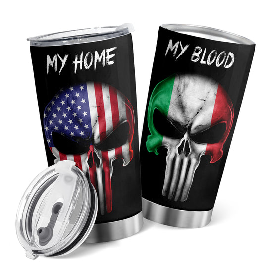 Keep your drinks hot or cold for hours with this Skull My Home My Blood: America Flag Stainless Steel Travel Tumbler. The 20 oz tumbler and lid feature vacuum insulation and stainless steel construction for maximum temperature retention. Its portable design allows you to drink anywhere.