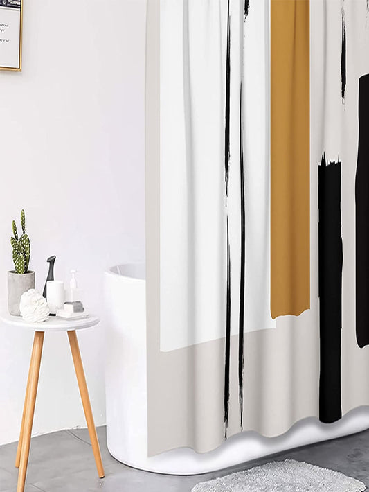 Modern Minimalist Geometric 4-Piece Bathroom Set: Line Art Shower Curtain Set with Toilet Cover, Non-Slip Rug, and 12 Hooks