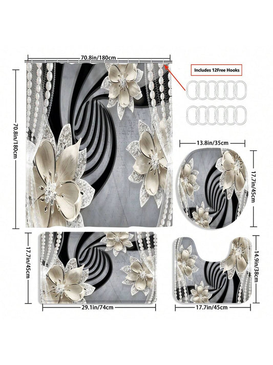 Simplistic Floral Beaded 3D Print Shower Curtain Set with Waterproof Mat and Rings