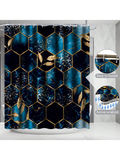 Sky Blue Honeycomb Marble 4-Piece Bathroom Set with Shower Curtain and Rugs