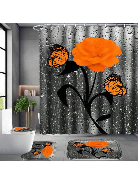 Transform your bathroom into a romantic oasis with the Orange Rose Romance 4-Piece Set. Featuring a <a href="https://canaryhouze.com/collections/shower-curtain" target="_blank" rel="noopener">shower curtain</a>, rugs, bath mat, and toilet lid cover, this set adds a touch of elegance to your daily routine. Keep your floors dry and your bathroom coordinated with this beautiful set.