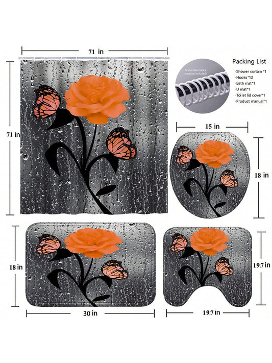 Orange Rose Romance: 4-Piece Bathroom Set with Shower Curtain, Rugs, Bath Mat, and Toilet Lid Cover