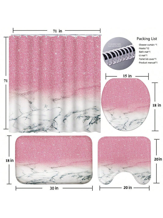 Pink Marble Bathroom Shower Curtain Set: Complete Bathroom Decor Package with Rugs and Mats
