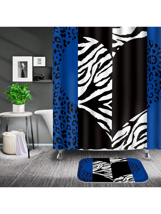 Blue Rose and Leopard Bathroom Set: Bright Style Shower Curtain Sets with Rugs, Bath Mat, U-Shape, and Toilet Lid Cover Mat