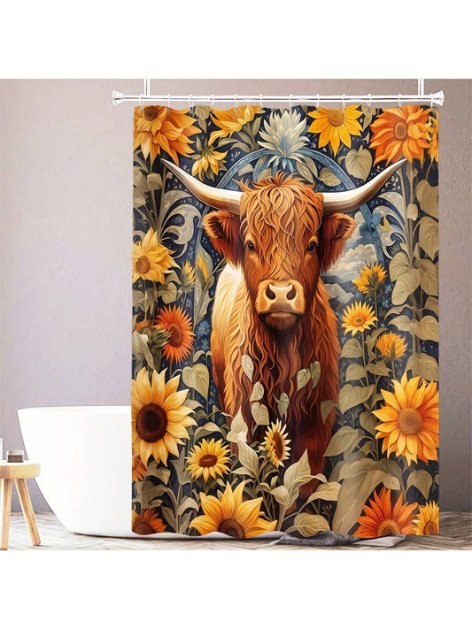 This Sunflower Cow Waterproof <a href="https://canaryhouze.com/collections/shower-curtain" target="_blank" rel="noopener">Shower Curtain</a> adds a rustic touch to any bathroom. The waterproof material ensures durability and easy maintenance. Featuring a charming and timeless sunflower cow design, it brings a touch of country style to your bathroom. Elevate your daily routine with this functional and stylish addition.