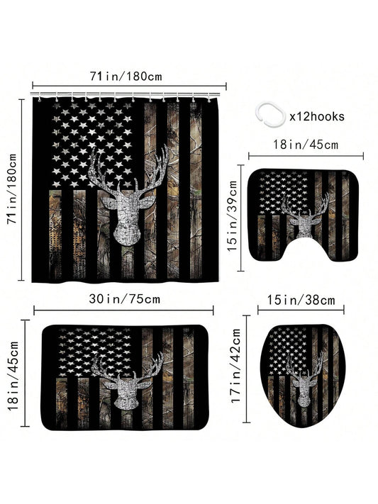 American Flag Deer Head Shower Curtain Set with Bathroom Accessories