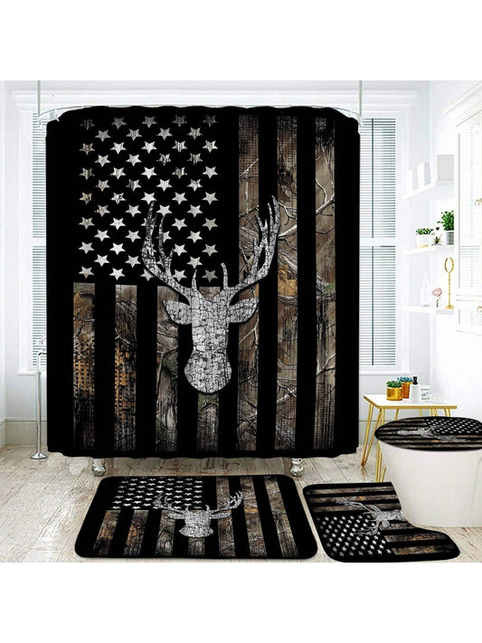 Enhance your bathroom decor with our American Flag Deer Head <a href="https://canaryhouze.com/collections/shower-curtain" target="_blank" rel="noopener">Shower Curtain</a> Set. Made with high-quality materials, this set includes all bathroom accessories needed for a complete look. Show your patriotism while adding a touch of rustic charm to your bathroom.
