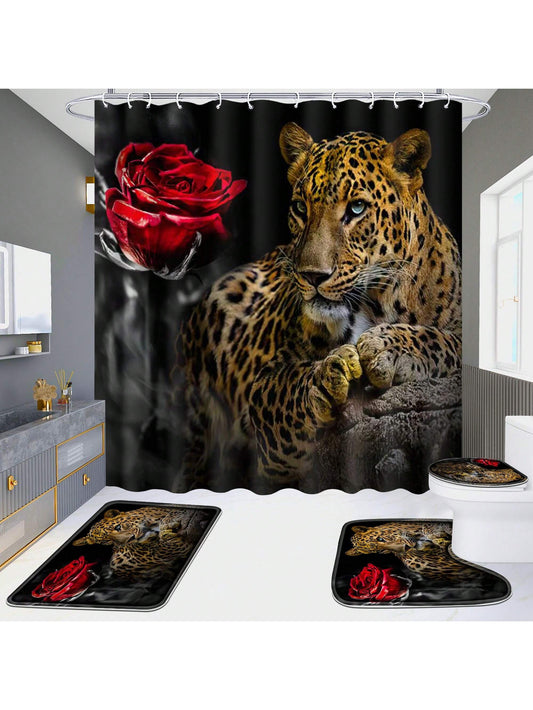Leopard Rose Bathroom Bliss: 4-Piece Shower Curtain Set with Rugs