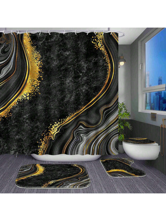 Black Marble Bathroom Bliss: 4-Piece Shower Curtain Set with Rugs, Bath Mat, U-Shape, Toilet Lid Cover, and Hooks