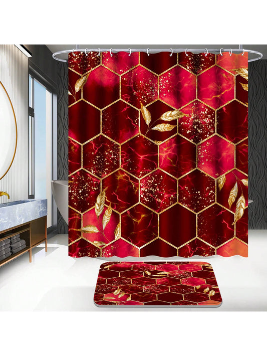 Red Honeycomb Marble Bathroom Set: Shower Curtain, Rugs, Bath Mat, Toilet Lid Cover