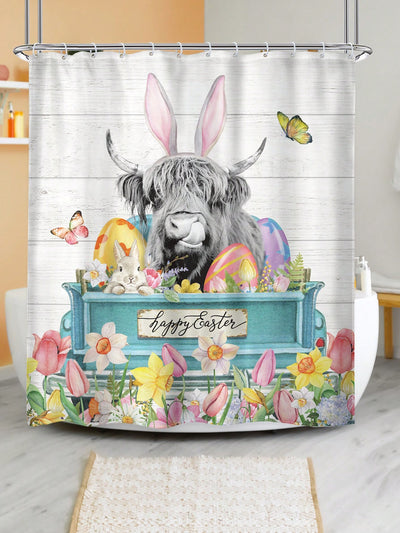 Farmhouse Easter Decor Shower Curtain Set with Highland Cow and Trees Design - Waterproof Home Bathroom Decoration with Plastic Hooks - Size 60x72in