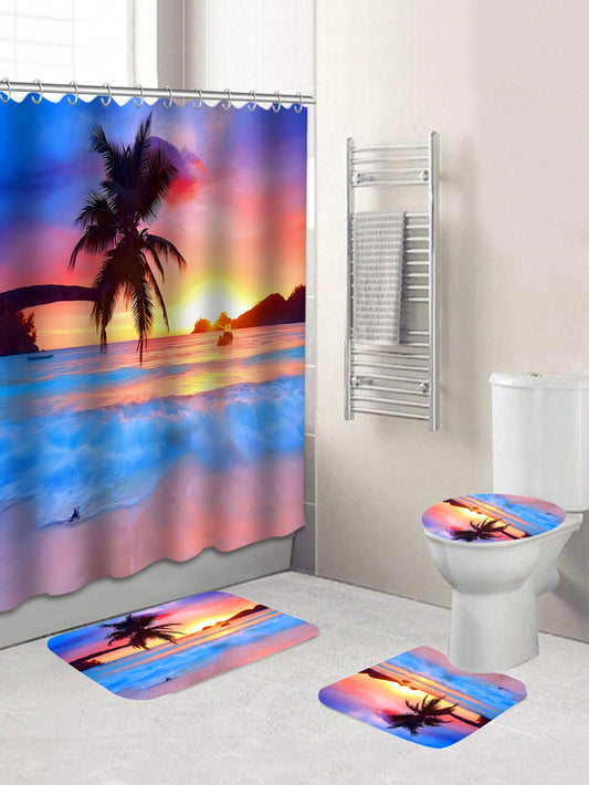 Transform your bathroom into a tranquil oasis with our Sunset Beach Bathroom Set. The set includes a <a href="https://canaryhouze.com/collections/shower-curtain" target="_blank" rel="noopener">shower curtain</a>, toilet mat, bath mats, and hooks, all featuring a stunning sunset beach design. Bring the beauty of the beach into your bathroom and enjoy a relaxing and peaceful atmosphere every day.