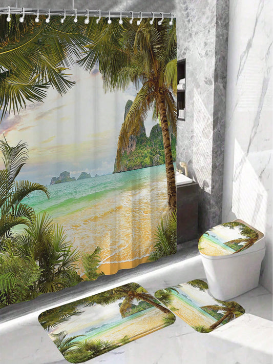 Elevate your <a href="https://canaryhouze.com/collections/shower-curtain" target="_blank" rel="noopener">bathroom</a> with our Coastal Paradise: 4 Piece Bathroom Set. This stylish set includes a soap dispenser, toothbrush holder, tumbler, and soap dish, all adorned with a beautiful coastal design. Create a calming and refreshing atmosphere in your home with this elegant and functional set.