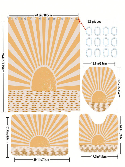 Sunshine Pattern Printed Shower Curtain and Bathroom Mat Set: Brighten Your Bathroom with Style and Functionality