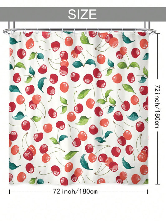 Cherry Fruit and Leaf Cartoon Shower Curtain Set - Waterproof Summer Plant Print Decor with Hooks