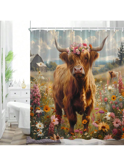 Rustic Highland Cow Shower Curtain for Farmhouse Bathroom Decor