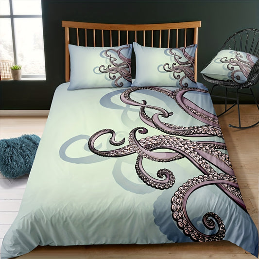 This 3-piece duvet cover set provides a delightful way to update your bedroom decor. Featuring an octopus print, this set includes 1 duvet cover and 2 pillowcases, and is constructed from high-quality fabric for a soft yet durable feel. This bedding set will easily freshen up your bedroom and provide a touch of unique style.