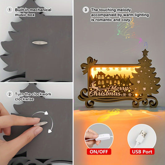 3D Wooden Carving LED Night Light: Merry Christmas Music Box - Perfect Gift for Christmas and New Year